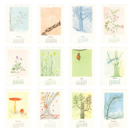 Calendar with illustrations of nature scenes on a white background