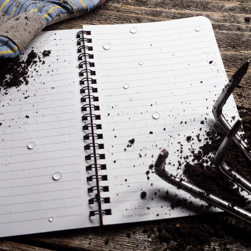 Notebook with gardening tools and soil inside notebook