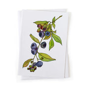 Greeting card featuring a blueberry illustration on a white background