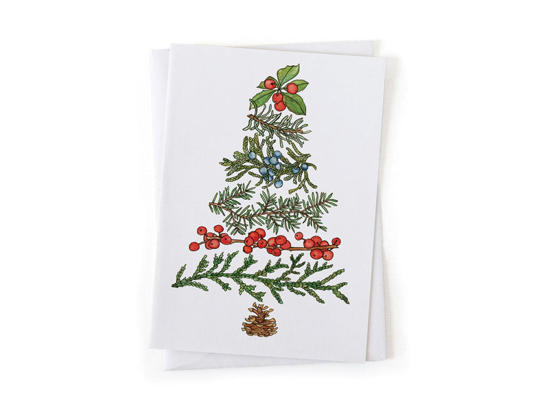 Christmas tree botanical design featuring greenery, berries, and a pine cone on a white background.