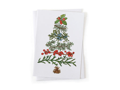 Christmas tree botanical design featuring greenery, berries, and a pine cone on a white background.