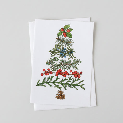 Christmas tree botanical design featuring greenery, berries, and a pine cone on a white background.