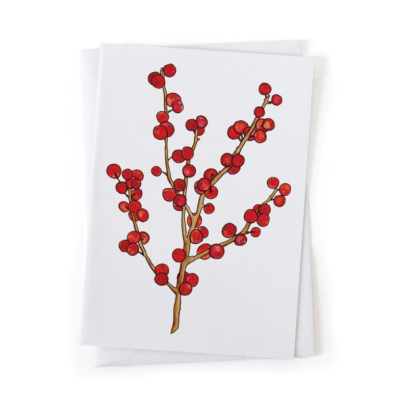 Card with Michigan Holly red winterberry branch design on a white background