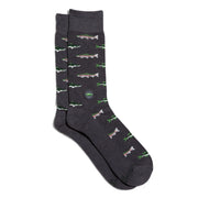 Dark gray socks with rainbow trout and bass pattern on a white background