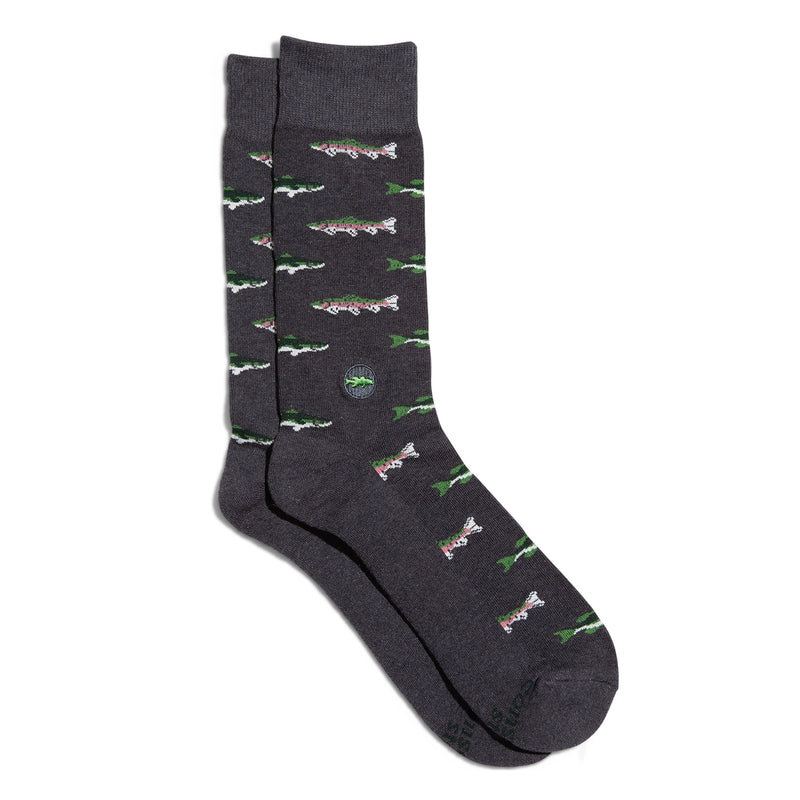 Dark gray socks with rainbow trout and bass pattern on a white background