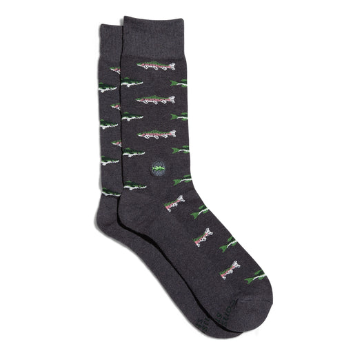 Dark gray socks with rainbow trout and bass pattern on a white background