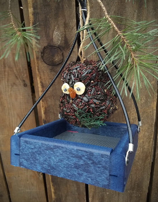 Hanging Tray Recycled Feeder - 5" x 5" - with an  "Ollie the Owl" seed ornament