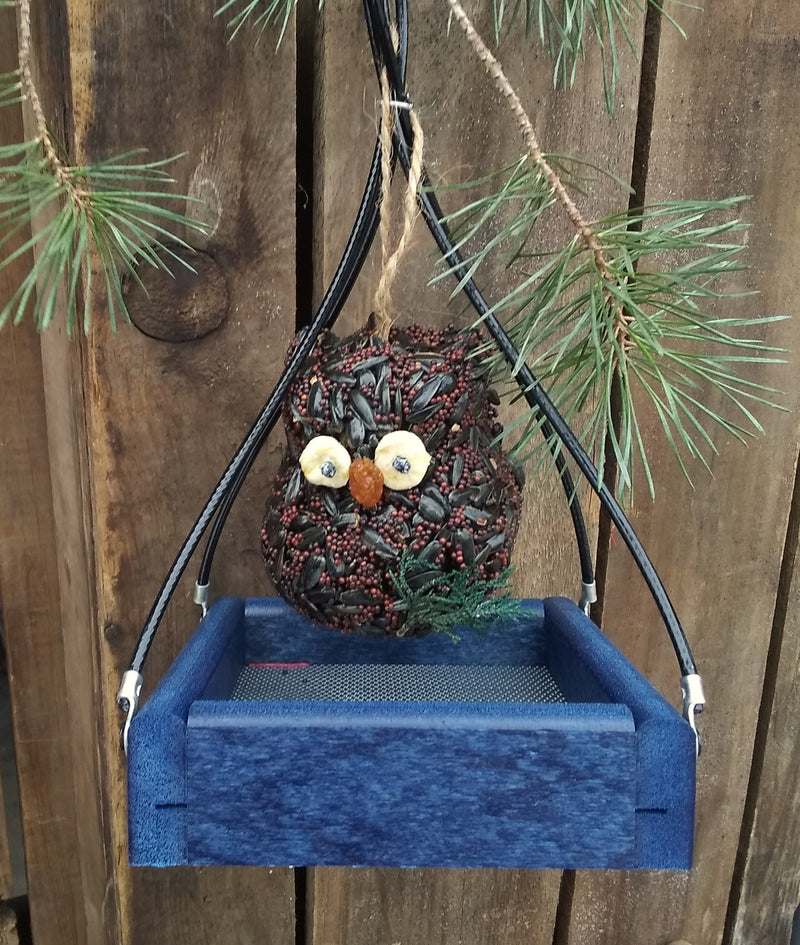 Hanging Tray Recycled Feeder - 5" x 5" with a "Ollie the Owl" seed ornament