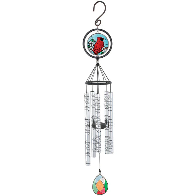 Long stained glass windchime featuring a stained glass cardinal at the top. sentimental saying on each of the chimes. Stained glass accent attached to striker string. 