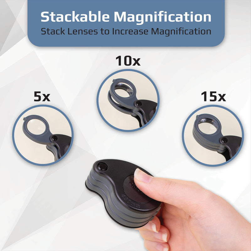 Folding Loupe Magnifying Glass With Built-In Case - 5x/10x/15x 