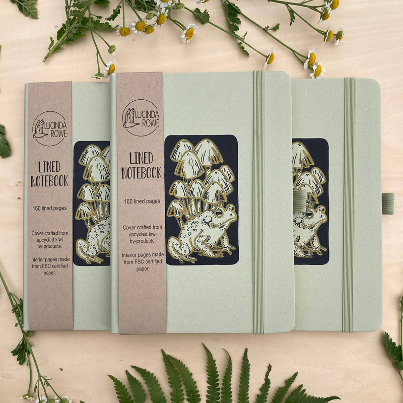 Frog and Mushrooms Eco-Friendly Upcycled Kiwi Notebook