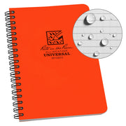 Orange notebook with 'Rite in the Rain' logo and water droplet graphic on a white background