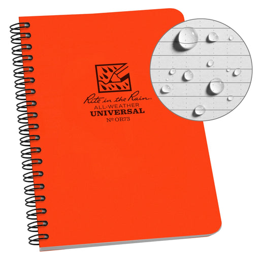 Orange notebook with 'Rite in the Rain' logo and water droplet graphic on a white background