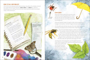 Illustrated book page with nature-themed content, including a wasp, butterfly, and leaves.