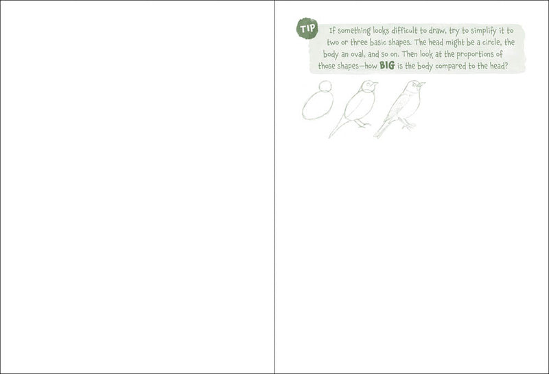 Page from sketchbook showing drawing tips with shapes and text.