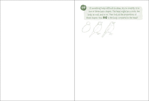 Page from sketchbook showing drawing tips with shapes and text.