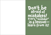 Motivational quote in white text reads "dont be afraid of mistakes! Every "mistake" is a lesson--learn from it! on a green background 