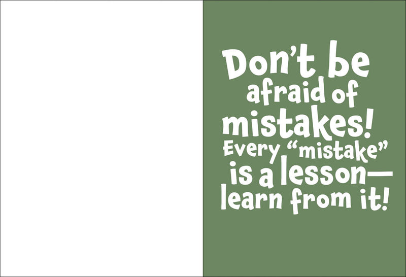Motivational quote in white text reads "dont be afraid of mistakes! Every "mistake" is a lesson--learn from it! on a green background 