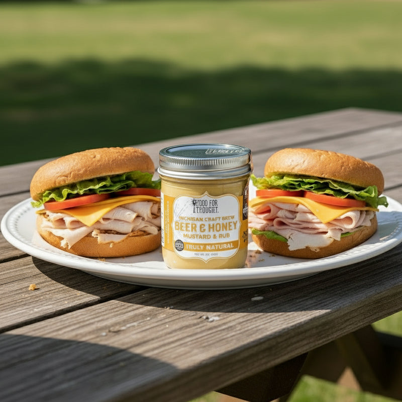 Jar of Michigan Craft Brew Beer & Honey Mustard & Rub with 'Food for Thought' label on a white background