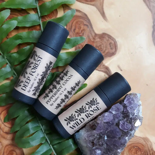 all three types of lip balm with fern and amethyst