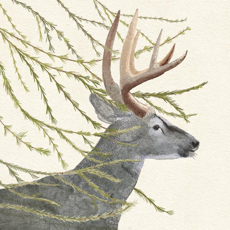 Illustration of a deer with large antlers surrounded by green branches on a beige background