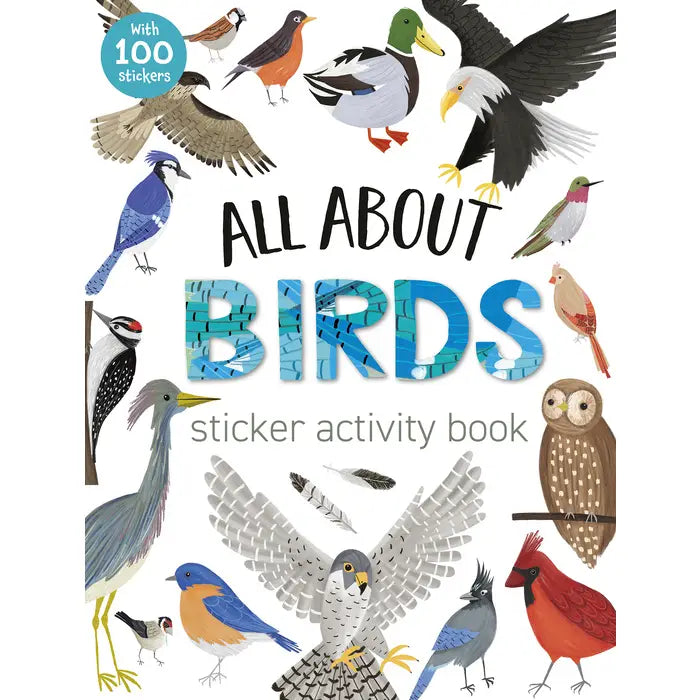 Sticker activity book cover with various birds and text 'All About Birds'.