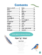 Table of contents for a children's book about birds with illustrations and text.