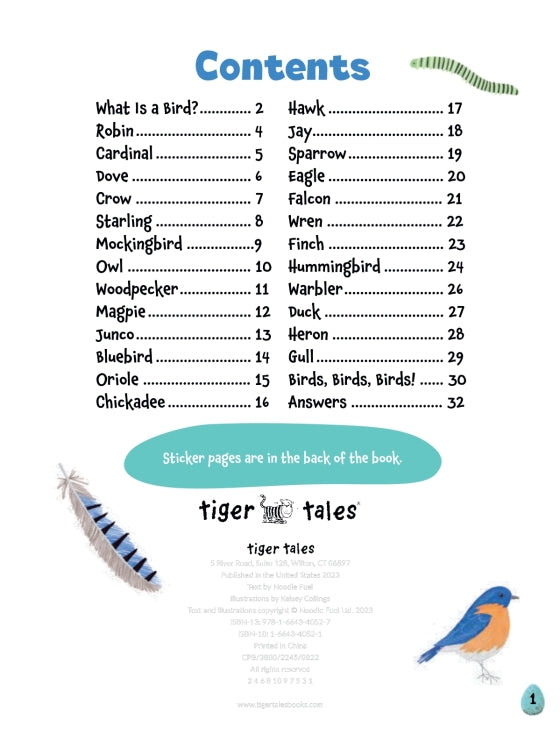 Table of contents for a children's book about birds with illustrations and text.