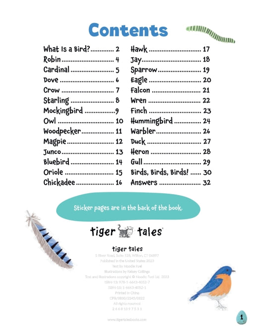 Table of contents for a children's book about birds with illustrations and text.