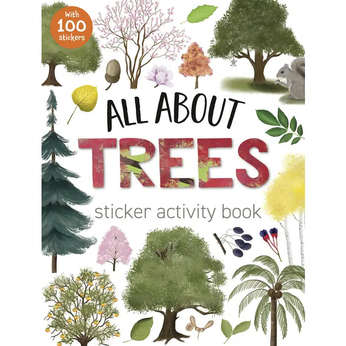 Sticker activity book cover titled 'All About Trees' with various tree illustrations on a white background.