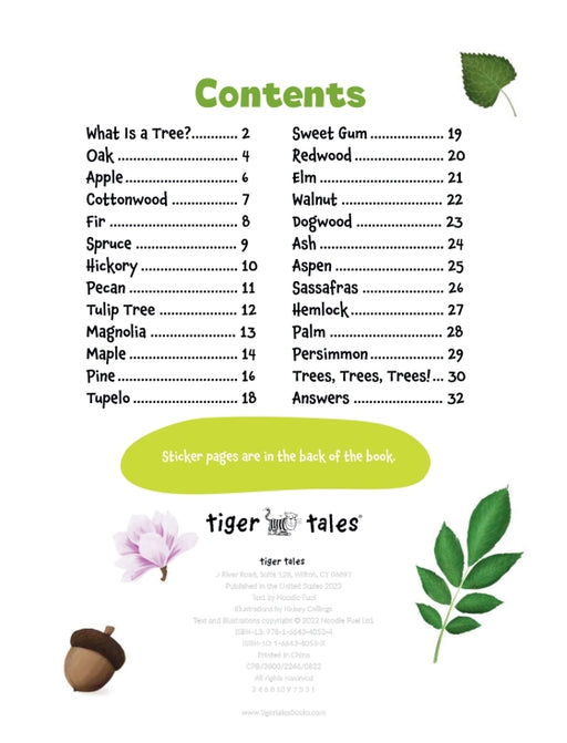 Table of contents page from All About Trees Sticker Activity Book, with illustrations of leaves and an acorn.