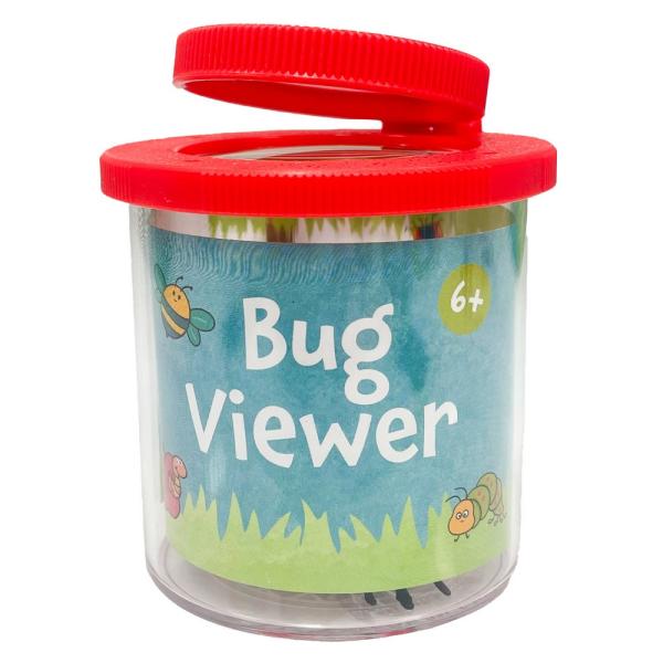 Clear container with red lid labeled 'Bug Viewer' on a white background