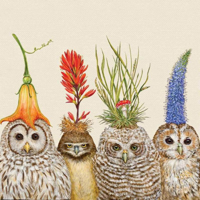 Four owls with various plants on their heads against a beige background
