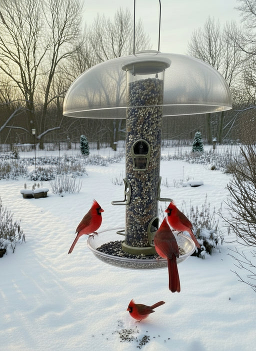 Bird feeder with cardinals in a snowy garden