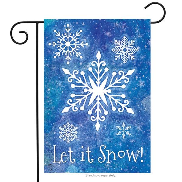 watercolor-esk blue background with white snowflakes with words that say "let it snow!"