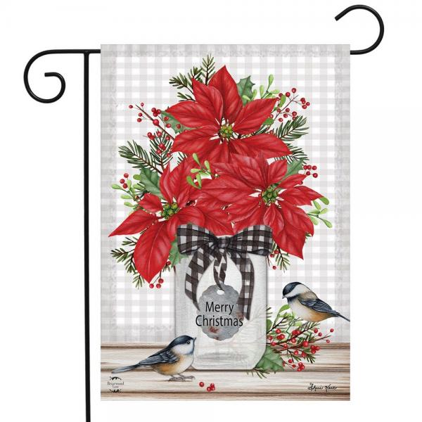 Christmas-themed garden flag with poinsettias, mason jar, and chickadees on a white & cream checkered background.