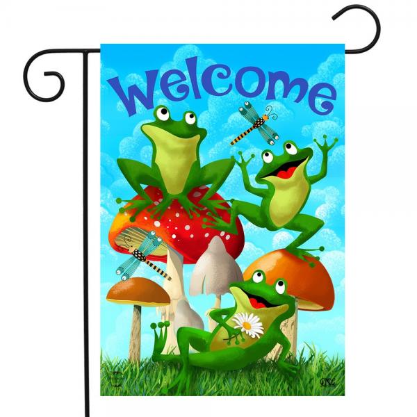 Decorative garden flag with frogs, dragonflies & mushrooms featuring the word 'Welcome'.