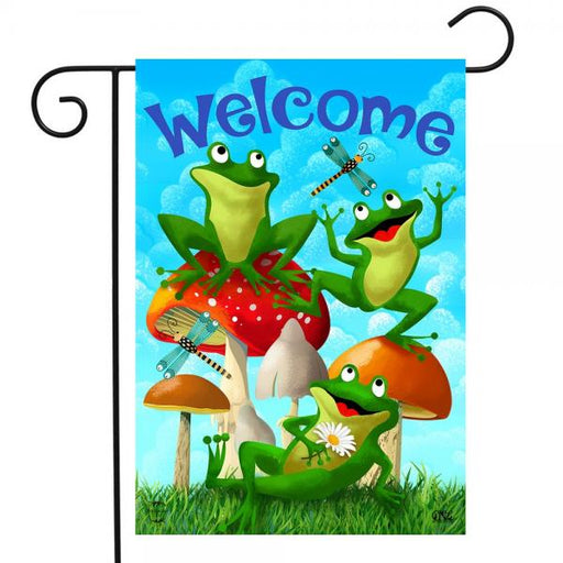 Decorative garden flag with frogs, dragonflies & mushrooms featuring the word 'Welcome'.