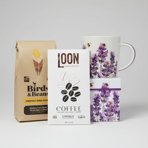 All Occasions Gift Bundle - Dark Chocolate and Medium Dark Roast Coffee includes a mug, bag of medium dark whole bean coffee, and a dark chocolate bar