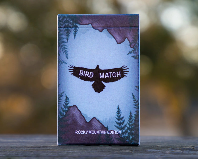 Cover of BirdMatch card game features a bird silhouette on a blue background