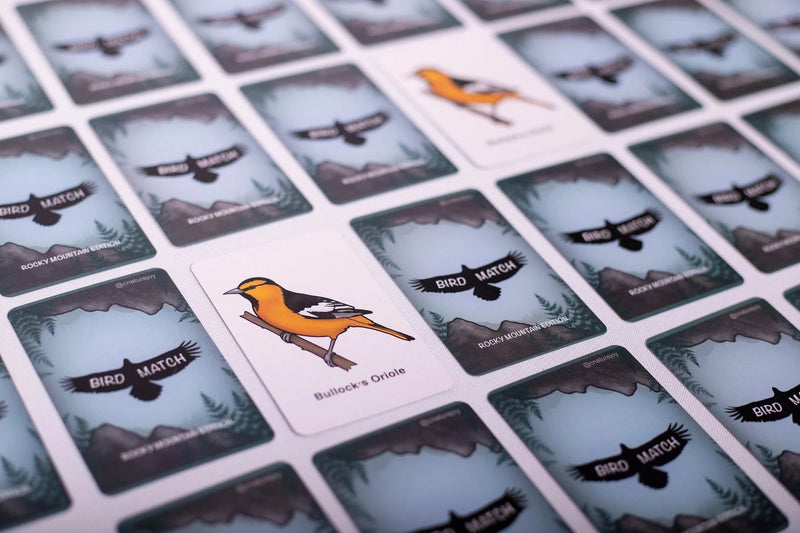Bird-themed memory card game pieces with birds on cards.