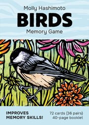 Birds Memory Game packaging with a bird illustration by Molly Hashimoto and floral design on a blue background.