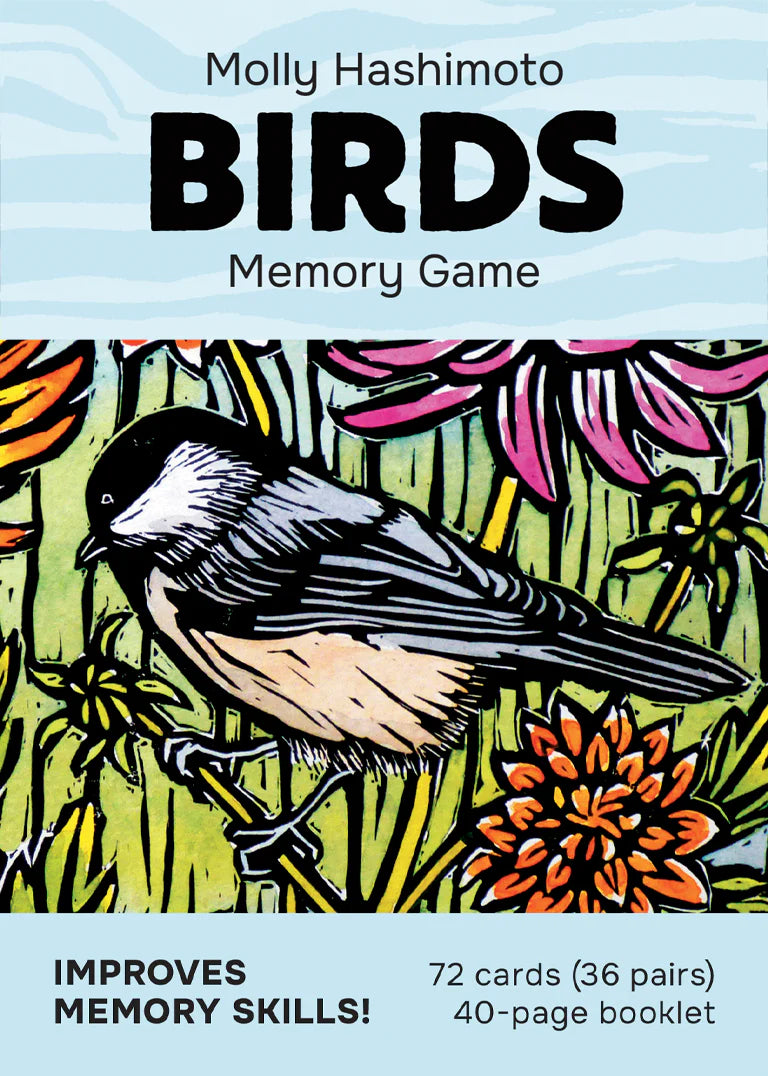 Birds Memory Game packaging with a bird illustration by Molly Hashimoto and floral design on a blue background.