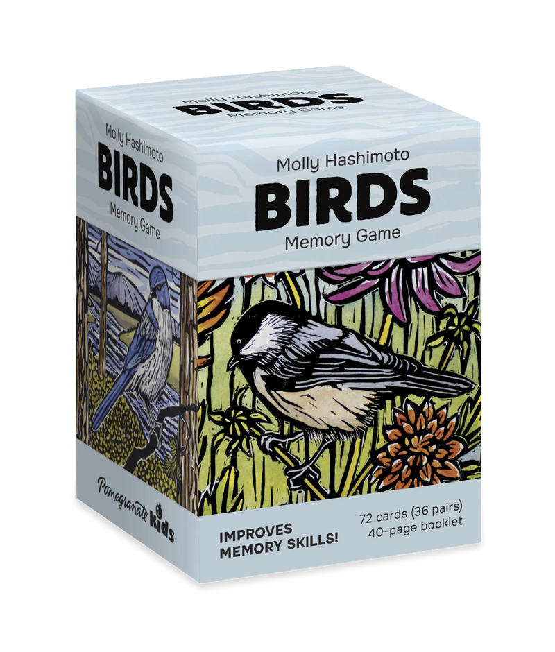 Memory game box with bird illustrations on a white background