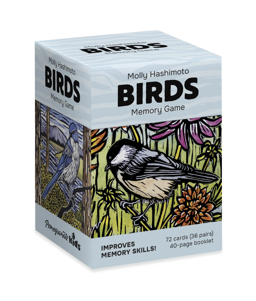 Memory game box with bird illustrations on a white background
