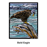 Woodblock print illustration of a bald eagle on a branch with a mountainous landscape in the background.