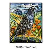 Stylized illustration of a California Quail with mountains and flowers in the background
