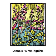 Illustration of Anna's Hummingbird among pink flowers on a yellow background
