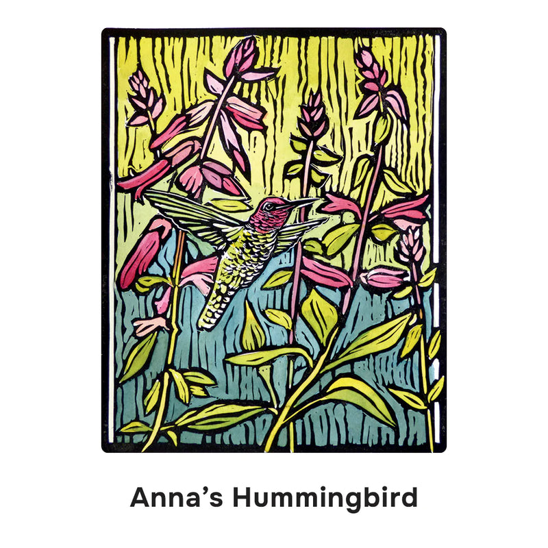 Illustration of Anna's Hummingbird among pink flowers on a yellow background