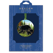 Beacon Design ornament packaging with a bear and cubs in the forest design on a blue background